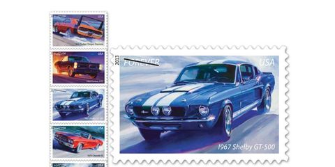 The USPS has released a set of five postage stamps featuring American muscle cars. The stamps feature art by Tom Fritz.