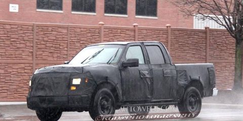 The front of this possible F-series crew cab prototype resembles the grill of the 2013 Ford F-150.