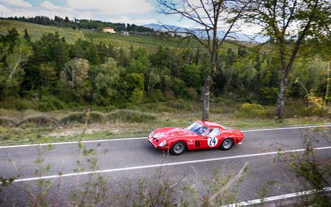 Amidst all the celebrating for Ferrari's 70th, the Ferrari 250 GTO celebrated its 55th birthday last week. Twenty of the 36 GTOs ever built gathered in Italy last week and rallied through through Tuscany, lapped Mugello, paraded around the track at Fiorano and finished up at the factory in Maranello. Bene! Bene!