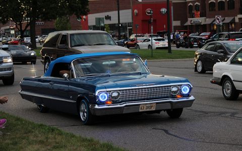 Hot rods and customs cruising on Woodward Avenue during the 2016 Dream Cruise.