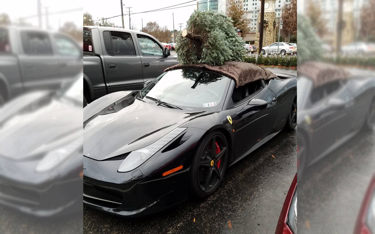 A Ferrari 458 Italia is the perfect vehicle for all your holiday shopping -- Christmas tree included.