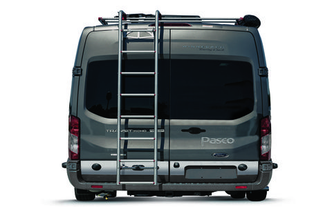 The ladder leads up to the solar panel and roof racks. Our Paseo had a cool Fiamma bike rack that did not interfere with rear-door access.