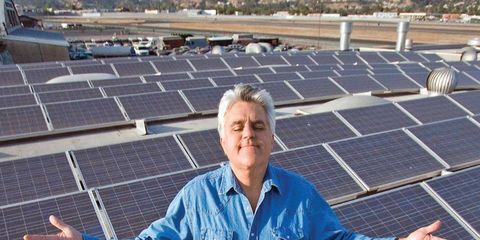 Jay Leno and his solar panels bask in the sun on the roof of the Big Dog Garage.