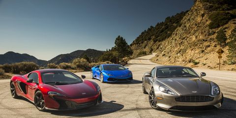 Three excellent choices should you need to consider a supercar (r to l): the Aston Martin DB9 GT, Lamborghini Huracan AWD and McLaren 650S.