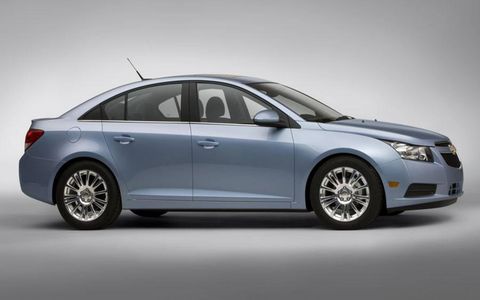 Chevrolet is touting two versions of the upcoming Cruze compact car at New York: the Cruse RS with a sporty trim package; and the Cruze Eco, which uses active aerodynamics to help achieve 40 mpg on the highway.