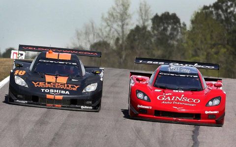 Max Angelelli and Jordan Taylor drive the  No. 10 Velocity Worldwide Wayne Taylor Racing Corvette Daytona Prototype (left) to victory in the third race of the Grand-Am Rolex Sports Car Series at Barber Motorsports Park in Birmingham, Ala. Alex Gurney and Jon Fogarty, drivers of the  No. 99 Gainsco/Bob Stallings Racing Corvette DP (right) finished second.