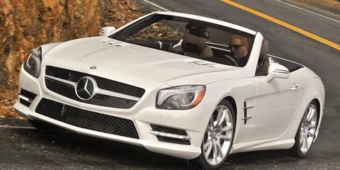 A front view of the 2013 Mercedes-Benz SL550 with the roof open.