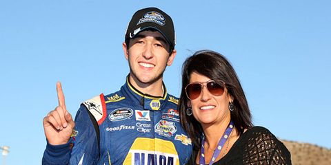 Chase Elliott, left, is in his first season in the NASCAR Sprint Cup Series, and mom Cindy, right, is along for the ride.