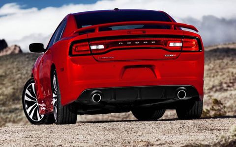 A rear view of the 2012 Dodge Charger SRT.