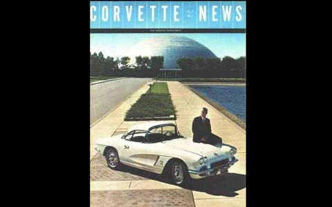The 1962 issue of Corvette News featured Alan Shepard with a white, 1962 Corvette coupe featuring a customized, "space-age" interior. In the background is the GM Design Center in Warren, Mich.
