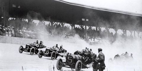 The first corner of the first race, 1911.