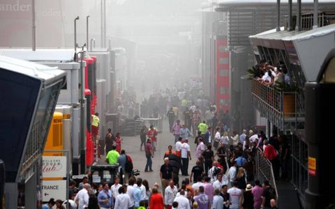 Smoke from the Williams F1 team garage fills the paddock in Barcelona.
