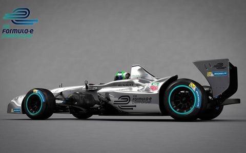 Side view of the Formula E electric race car that will be racing in 2014.