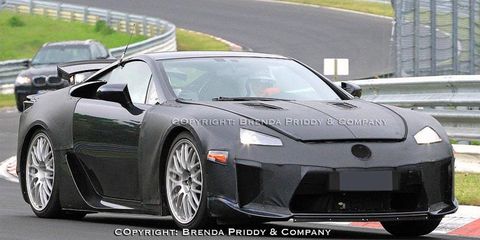 A future Lexus supercar is shown during testing at the Nurburgring.