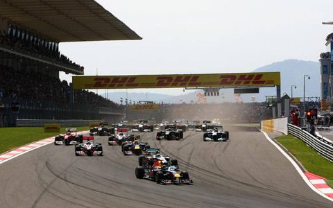 Sebastian Vettel in his Red Bull Racing RB7 leads the field into turn one during the start of the Turkish Grand Prix, May 8. Photo by: Andy Hone LAT Photographic
