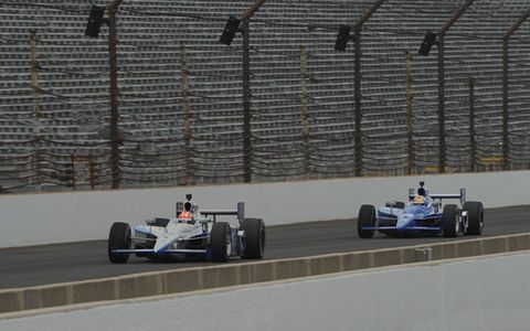 James Hinchcliffe and Oriol Servia fly down the front stretch of the Indianapolis Motor Speedway during practice for the 100th Anniversary Indy 500 on May 29. Photo by: Dan R. Boyd LAT Photo