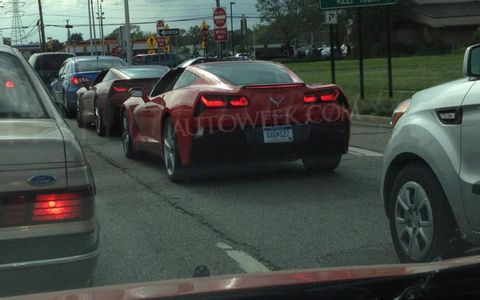Two C7 Stingray's on public Michigan roads. The twins appear to be in production form