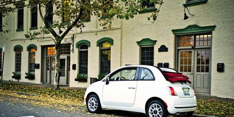 A rear view of our long-term 2012 Fiat 500 C.