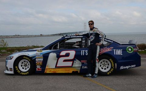 Brad Keselowski and his Ford Fusion NASCAR Sprint Cup Car visited the Mackinac Bridge in Michigan.