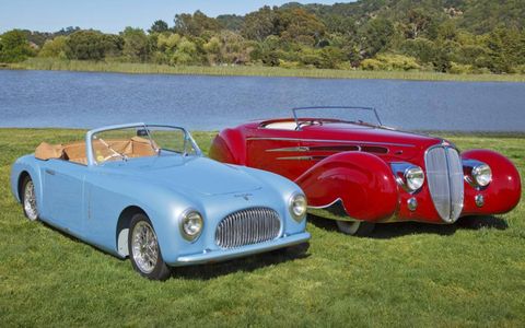 1947 Cicitalia 202 Cabriolet, left, won Marin Sonoma Concours de Sport. A 1939 Delahaye Type 165, right, from the Mullins Collection captured Concours d&#8217;Elegance.