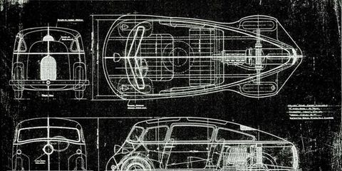 Automotive historian and author Gordon White passed us these renderings, which show a radically streamlined rear-engine vehicle imagined by Harry Miller.