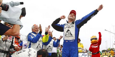 Columbian Carlos Huertas celebrates his first Verizon IndyCar Series victory on Saturday in Houston.