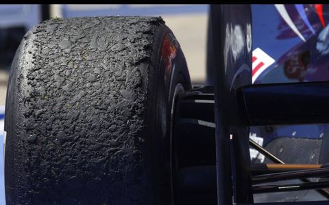 A look at one of Pirelli's tires after the European Grand Prix at the Valencia Street Circuit in Spain on June 26. Photo by: Steven Tee/ LAT Photographic