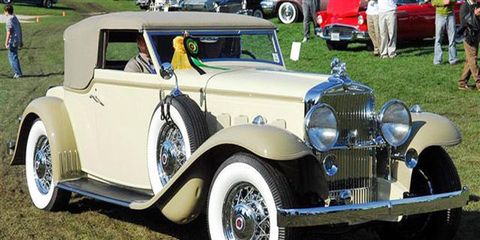 Best-in show went to Andy Simo of Riverside, Ill., for this beauty. The Rollston coachwork puts a steeply-raked windshield on a close-coupled body mounted forward on the 145-inch wheelbase Stutz chassis.  The Stutz DV32 in-line eight has twin camshafts, 32 valves, and hemispherical combustion chambers producing 156 horsepower.