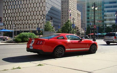 The Shelby GT500 makes an appearance near Campus Martius in Downtown Detroit.