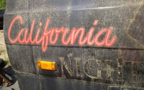 The word CALIFORNIA is in neon-light-style airbrush paint. Can you smell the STDs in the air?