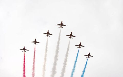 2012 British Grand Prix: The Red Arrows perform a patriotic fly past in their 7 BAE Systems Hawk T.Mk.1A's.