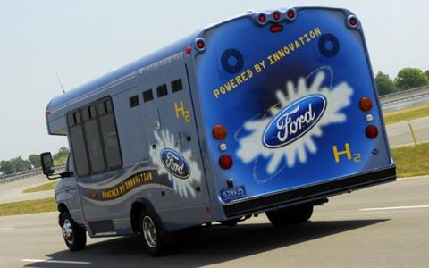 ford will test the viability of the hydrogen fueled v10 in thirty shuttle buses across north america