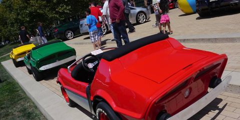 You never know what you'll see at the Pixar Motorama. These are Disneyland Autopia cars converted to run on electricity by Tony Bottini. Pixar's Mark Walsh has a couple.