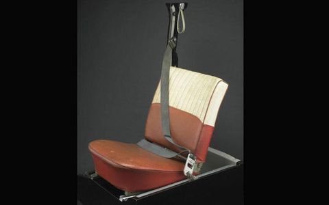 Three-point seat belt from a 1961 Volvo. This first-generation model became the prototype for the three-point seat belts required in the U.S. beginning in 1974.