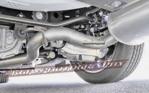 A close look at the independent rear suspension setup on the 2015 Ford Mustang test mule.