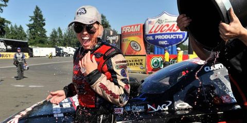 Courtney Force is on the other end of a cold bucket of ice water after the rookie scored her first Funny Car win Sunday.