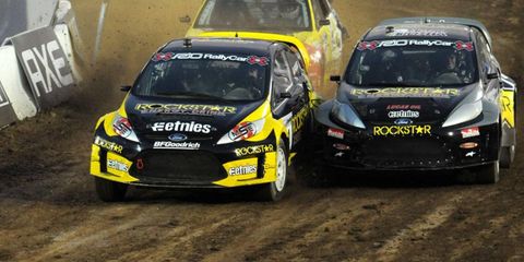 31 July 2010, Los Angeles, California USA Tanner Foust leads Brian Deegan and Stephan Verdier into the first turn during the Super Rally final. &Copy;2010, Paul Webb, USA LAT Photographic