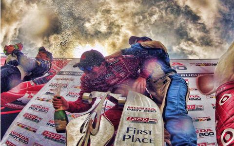 Will Power, Scott Dixon and Simon Pagenaud celebrate Dixon&#8217;s win at the Izod Indycar&#8217;s Mid-Ohio round.