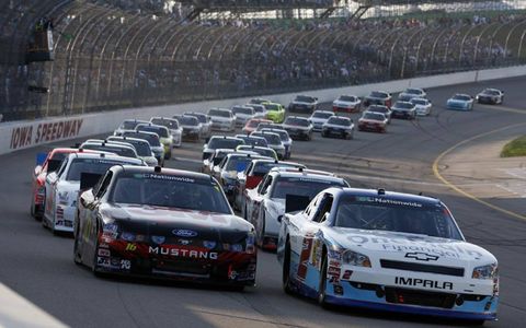 The No. 2 of Elliot Sadler and the No. 16 of Trevor Bayne lead the field at the start of the NASCAR Nationwide Series race at Iowa Speedway on Aug. 6. Photo by: Lesley Ann Miller/LAT Photographic