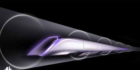 The Hyperloop pod racing through its tunnel at near-sonic speed, suspended on air, powered by electricity.