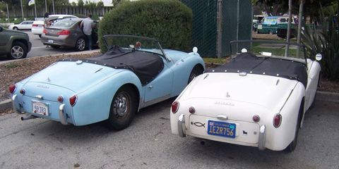 Also in the parking lot, a cute pair of Triumph TR3 roadsters looking like old friends.