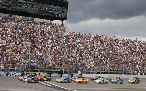 Greg Biffle (No. 16) leads the field during the NASCAR Sprint Cup race at Michigan International Speedway in Brooklyn, Mich. on Aug. 21. Photo by: Michael L. Levitt/LAT Photographic