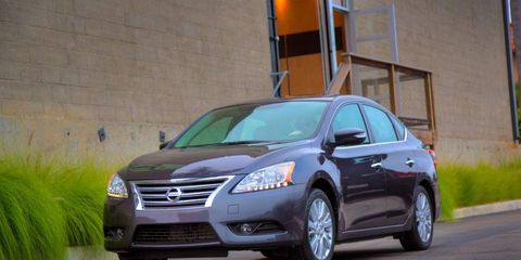 A front three-quarter view of the 2013 Nissan Sentra.