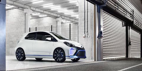 The The Toyota Yaris Hybrid-R delivers more than 400 hp with four motors, three of which are electric.