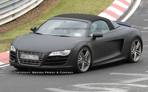 The Audi R8 Spyder is spied during testing.