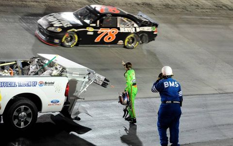USE THE RIGHT DIGIT // Danica Patrick wags a finger at Reagan Smith after a wreck during the NASCAR Nationwide Series race on Aug. 25. The incident came in the midst of an encouraging performance by Patrick on Bristol&#8217;s short track.