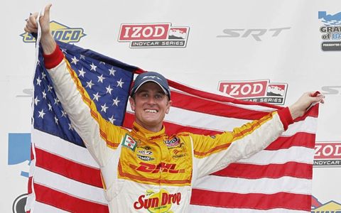 2012 IndyCar Grand Prix at Baltimore: Ryan Hunter-Reay celebrates on the podium.