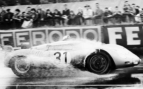 More often than not, it rains at some point during the 24 Hours of Le Mans. This was true for the 1958 running of the famed endurance race. Here, the Porsche RSK of Edgar Barth/Paul Frere kicks up quite a spray as it makes its way through the French countryside, on its way to fourth places.