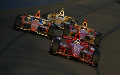2012 IndyCar Fontana: Dario Franchitti leads Charlie Kimball, Sebastian Saavedra and Ryan Hunter-Reay.