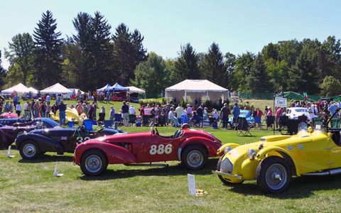 Sleek, sporty Allard sports cars on display. Visitors could inspect nearly two dozen examples of the British-built vehicles.
